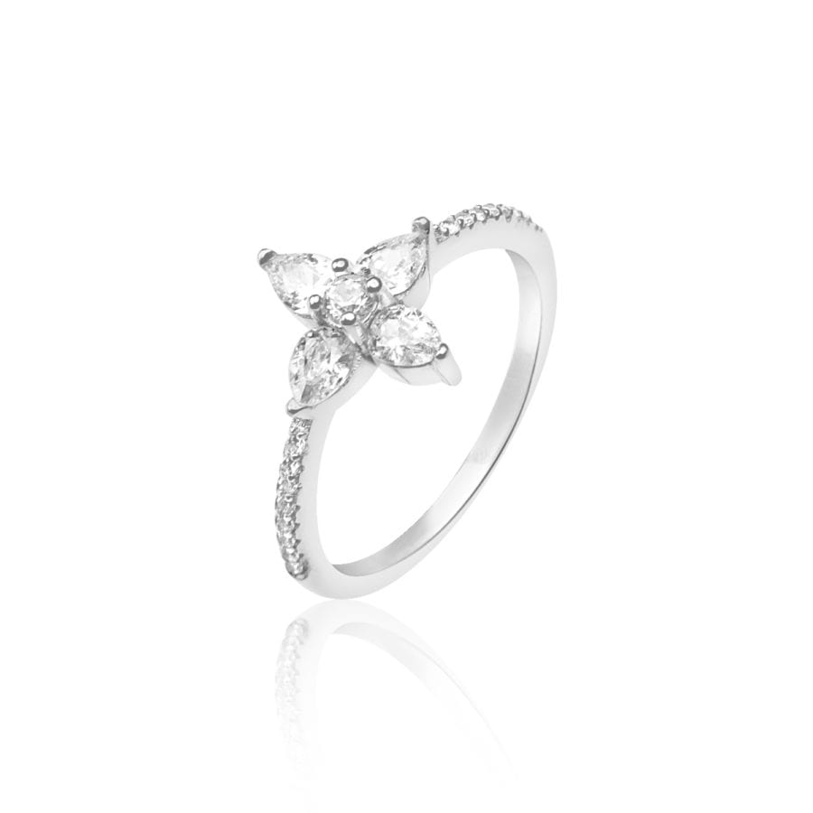 טבעת פרח עדינה בעלת 4 זרקונים, סופר טבעת אלגנטית המסמלת קלאסיות לכל אישה