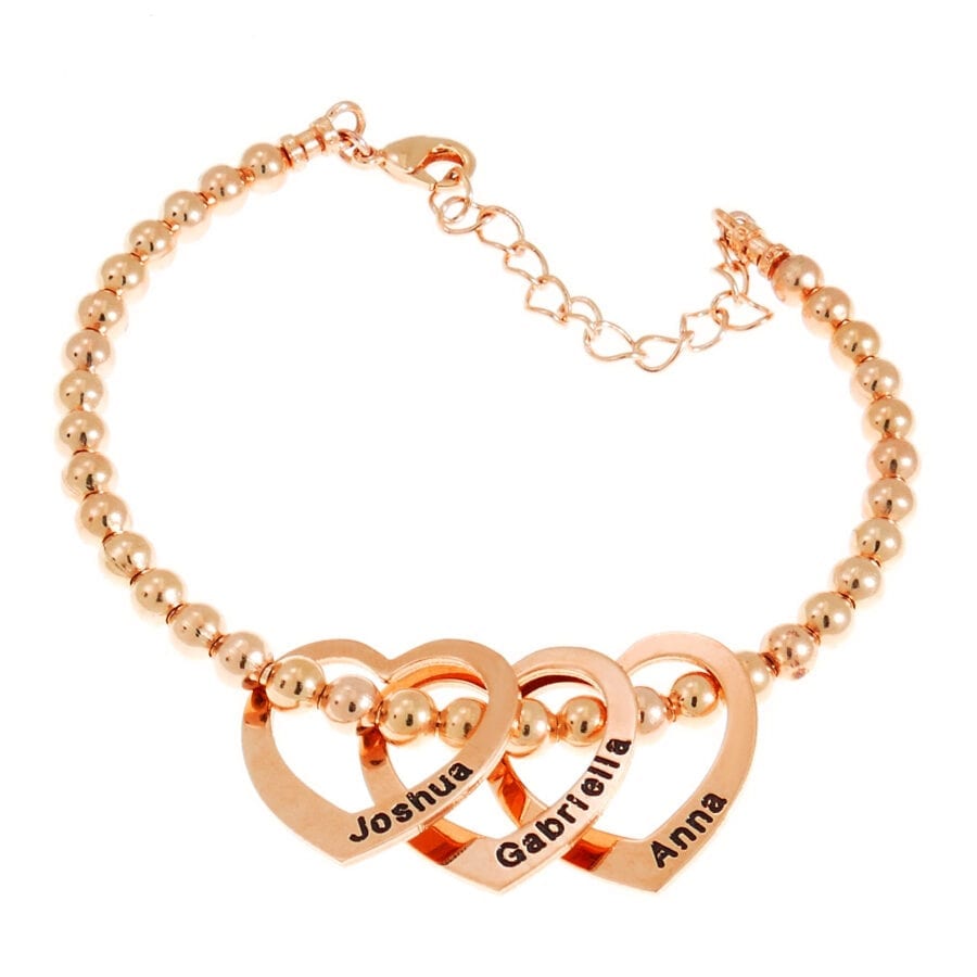 צמיד כדורים כפול שמות עם לב- צמיד כדורים המשלב עד 7 לבבות לחריטה צמיד כדורים כפול שמות עם לב- צמיד כדורים המשלב עד 7 לבבות לחריטה