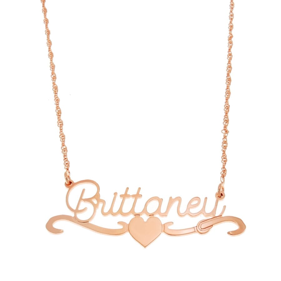 שרשרת שם בכתב מסולסל - בעיטור של אלמנט קלאסי לב שרשרת שם בכתב מסולסל - בעיטור של אלמנט קלאסי לב